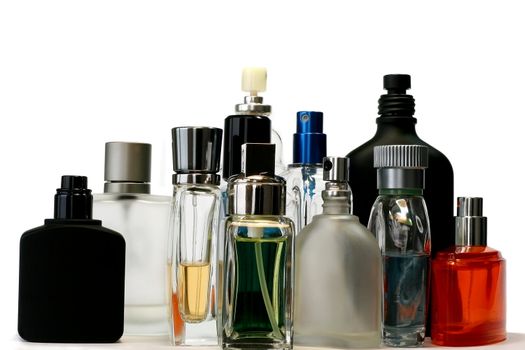 Perfume and fragrance bottles in a white background. No trademark.
