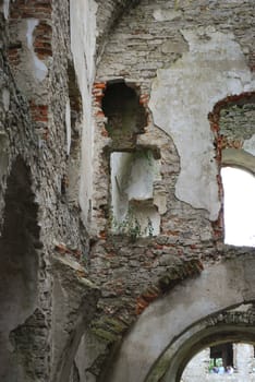 old castle ruins with some plants growing on walls