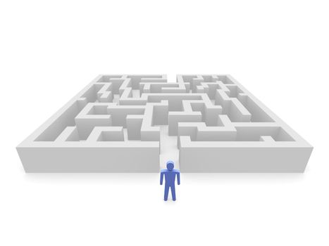 Person in front of labyrinth. 3d rendered image.