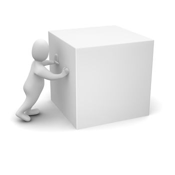 Man pushing blank cube. 3d rendered illustration.