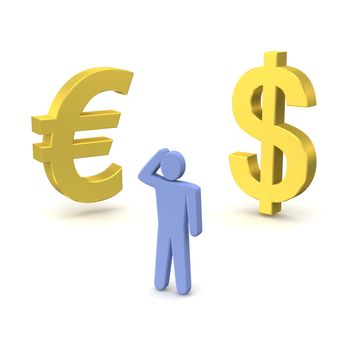Golden dollar, euro and thinking person. 3d rendered illustration.