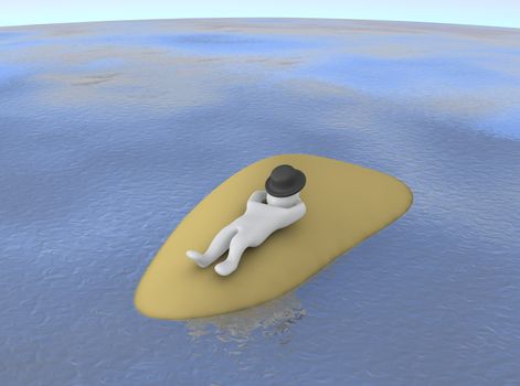 Man sleeping or relaxing on small island. 3d rendered illustration.