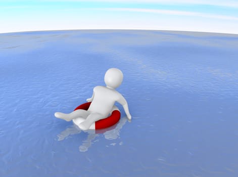 Man with life ring in ocean. 3d rendered illustration.