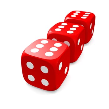 Three dices with six on top. 3d rendered illustration.
