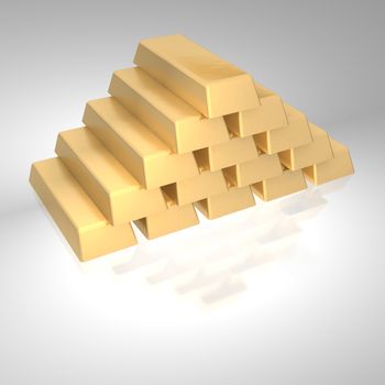 Stack of gold ingots.  3d rendered image isolated on white background.