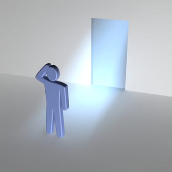 Man thinking about entrance to unknown. 3d rendered illustration.
