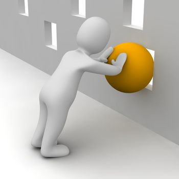 Man trying push orange ball through small hole. 3d rendered illustration.