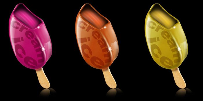 Three colored ice creams on a black background