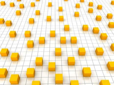 Orange cubes on the grid background. 3d rendered illustration.