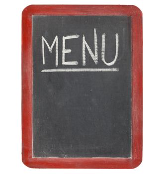 menu  word in white chalk handwriting on a vintage slate blackboard, copy space below, isolated on white