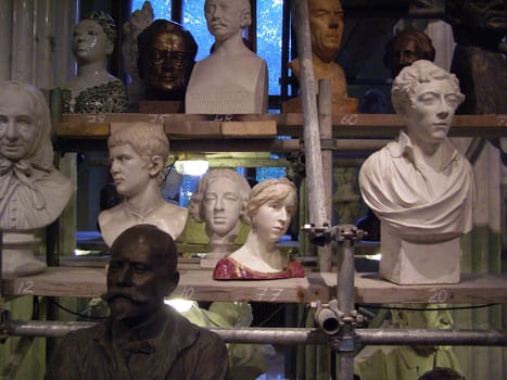 marble heads in a museum statue depository in Stockholm