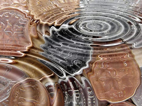Coins underwater in a water pond with waves