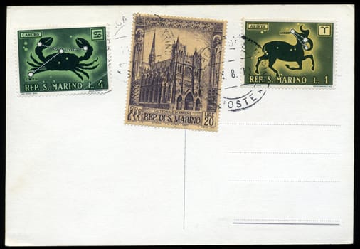 Blank postcard with stamp and postage meter