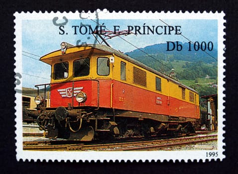 Sao Tome and Principe stamp with train on black