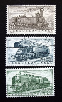 Stamps of the Czechoslovakia with steam engine locomotive depicted on