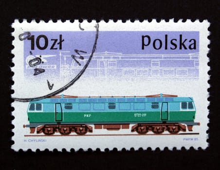 Polonia stamp with train on black