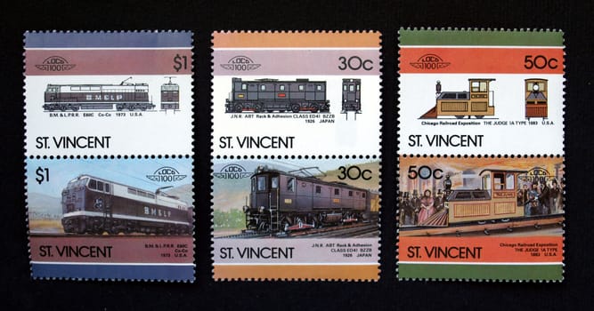 St Vincent stamps with train on black