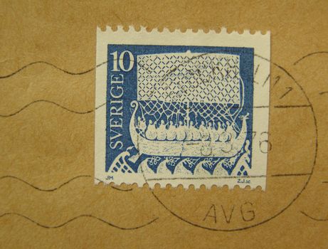 Swedish stamp from Stockholm with Viking sail shop depicted on it