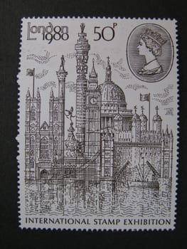 British mail stamp with London landmarks woodcut