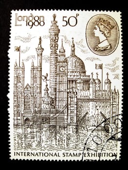 mail stamp with London landmarks depicted on it