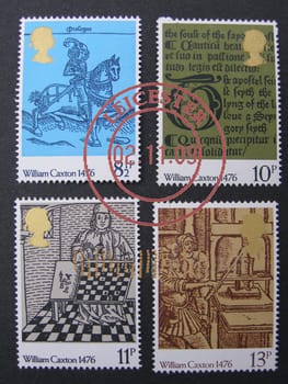 British post stamps with Will Caxton's woodcuts depicted on them