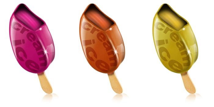 Three colored ice creams on a white background