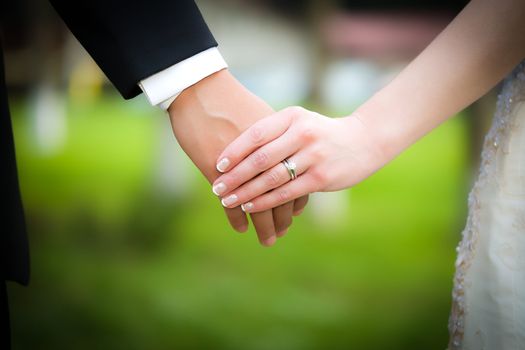 Young married couple holding hands, ceremony wedding day