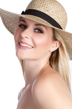 Smiling blond woman wearing hat