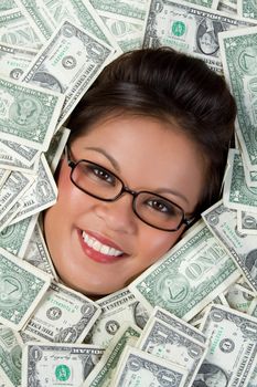 Smiling asian woman in money