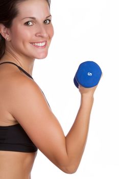 Healthy smiling woman lifting dumbbells