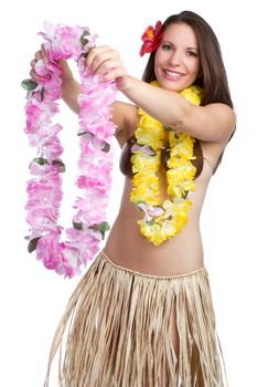 Hawaiian woman giving tropical lei