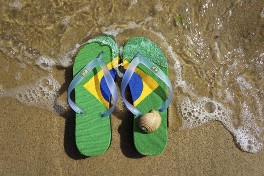 razilian Flipflop on the beach in Ilhabela, Sao Paulo state, Brazil, RAW shooting