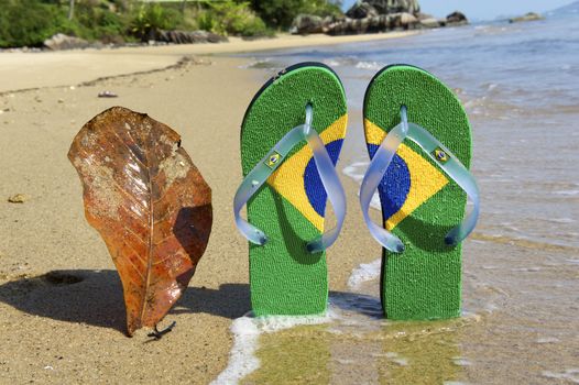 razilian Flipflop on the beach in Ilhabela, Sao Paulo state, Brazil, RAW shooting