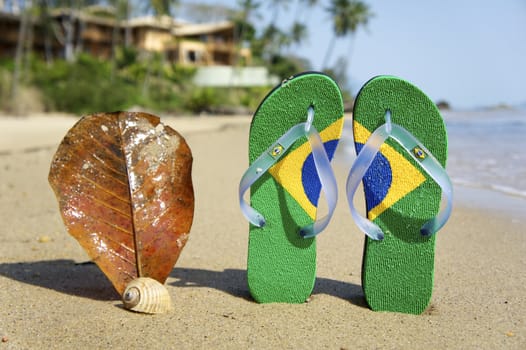 razilian Flipflop on the beach in Ilhabela, Sao Paulo state, Brazil, RAW shooting