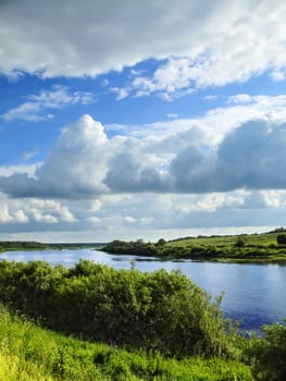 The river Zapadnaya Dvina in summer midday, river bank has grown with bushes