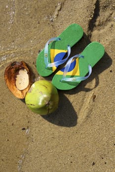 razilian Flipflop on the beach in Ilhabela, Sao Paulo state, Brazil, RAW shooting
