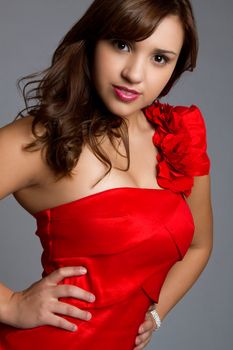 Young woman wearing red dress