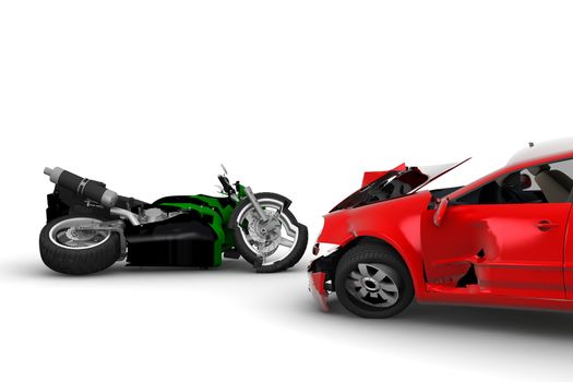 A red car and a green motorbike crush