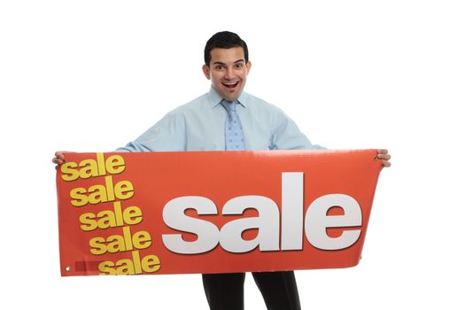 An excited man holding a sale sign ready for a retail or other type of sale.  White background.