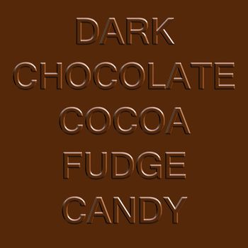 Chocolate related word elements isolated over a dark brown fudge bar background.