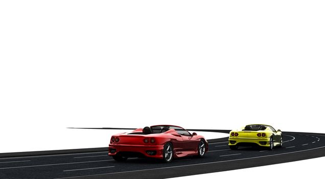 Two cars, one red and one yellow on the road