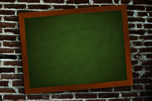 A green chalkboard in a frame of wood on a wall