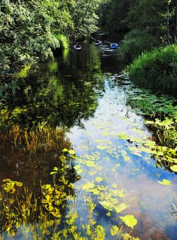 canoe travel on  the forest river with pure water