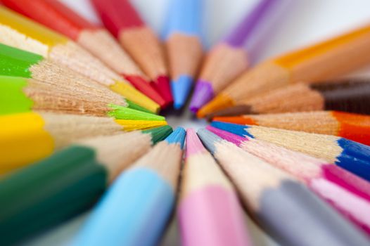 Close up of many colored pencils isolated