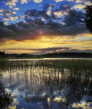 Silent cloudy sunrize on cane lake with reflexion in water