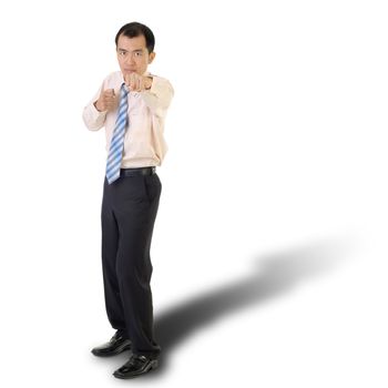 Business man fight, full length portrait isolated on white.