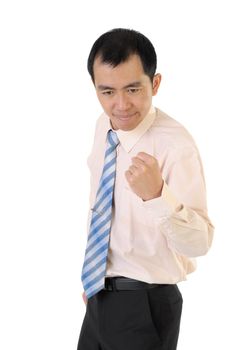 Exciting business man, closeup portrait against on white.