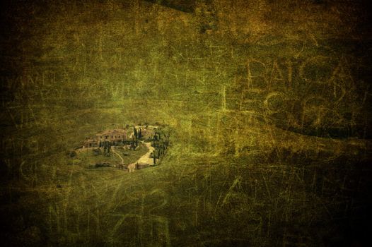 A grunge image of country panorama with a farm
