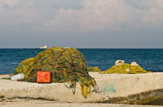 Fishing net on a pier on Zakynthos Island, Greece.