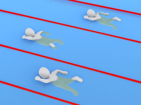 Swimming race with 3 swimmers. 3d rendered illustration.